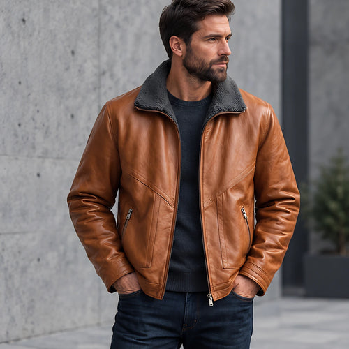 Alton Men's Sherpa-Collar Zip Jacket - Whiskey Brown - Men's Clothing > Outerwear > Sherpa Collar Jackets - Michael Verde - Image 1