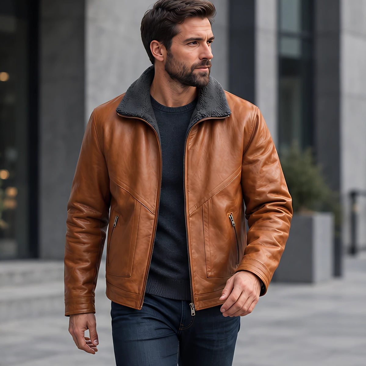 Alton Men's Sherpa-Collar Zip Jacket - Whiskey Brown - Brown Jacket - Michael Verde - Image 2