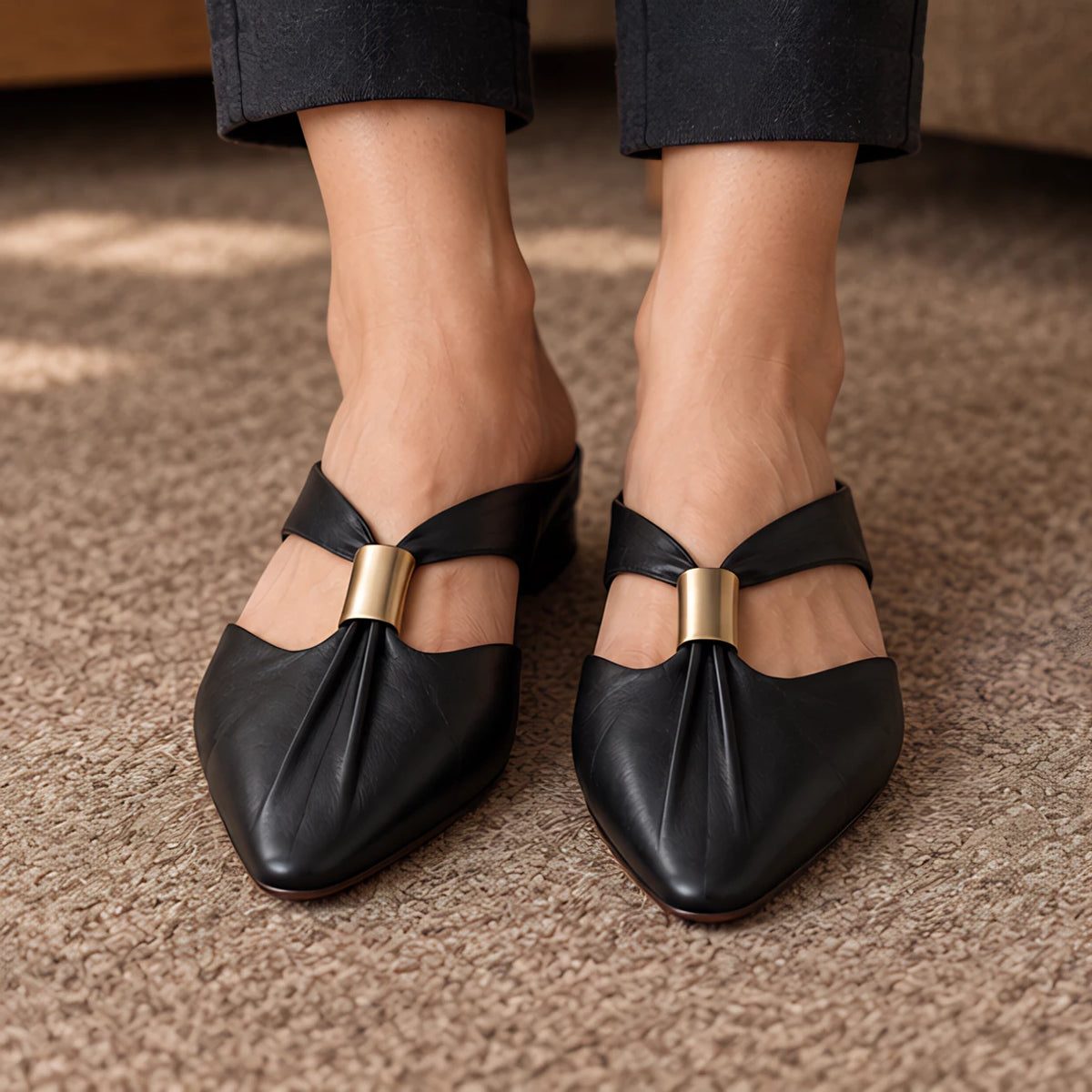 Aurelis Women's Square-Toe Leather Mule Flats - Charcoal - female - Michael Verde - Image 3