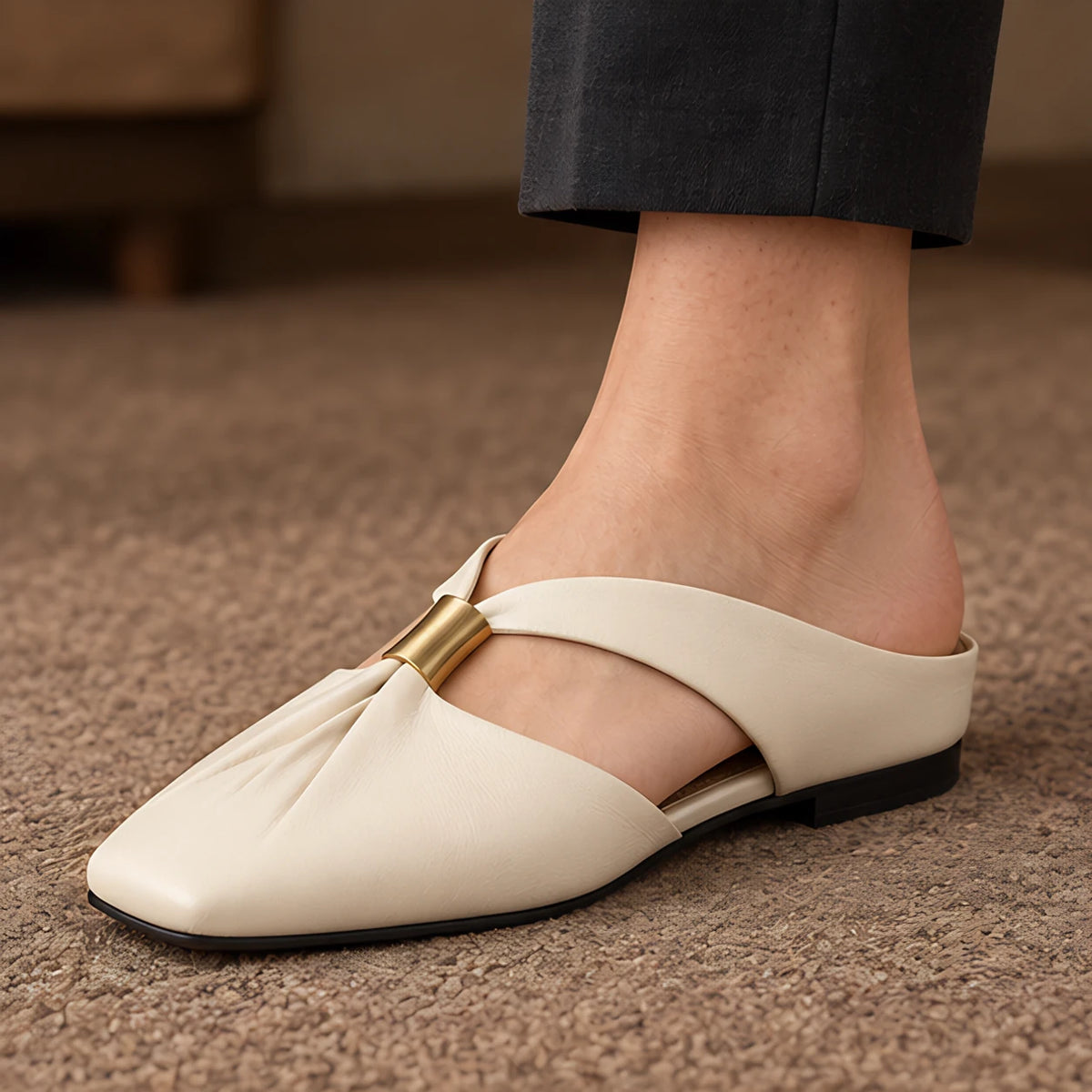 Aurelis Women's Square-Toe Leather Mule Flats - Pearl - Footwear > Mules > Flat Mules - Michael Verde - Image 1