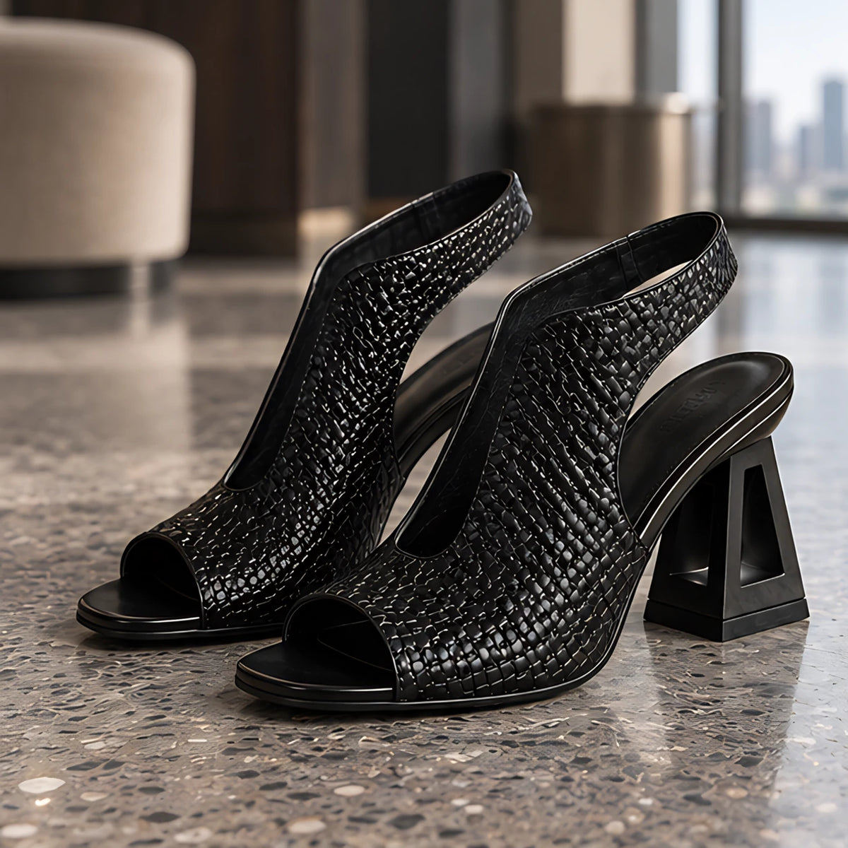Auretta Women's Woven Open-Sided Block Heel Sandals - Black - Catalog Group: Footwear - Michael Verde - Image 2