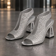 Auretta Women's Woven Open-Sided Block Heel Sandals - Silver - Catalog Group: Footwear - Michael Verde - Image 2