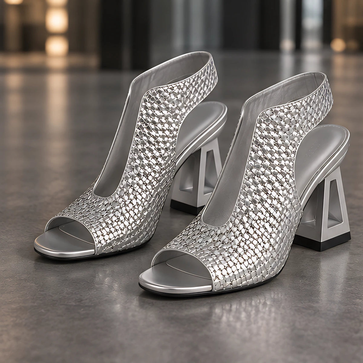 Auretta Women's Woven Open-Sided Block Heel Sandals - Silver - Catalog Group: Footwear - Michael Verde - Image 2