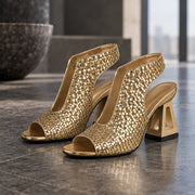 Auretta Women's Woven Open-Sided Block Heel Sandals - Gold - Catalog Group: Footwear - Michael Verde - Image 2
