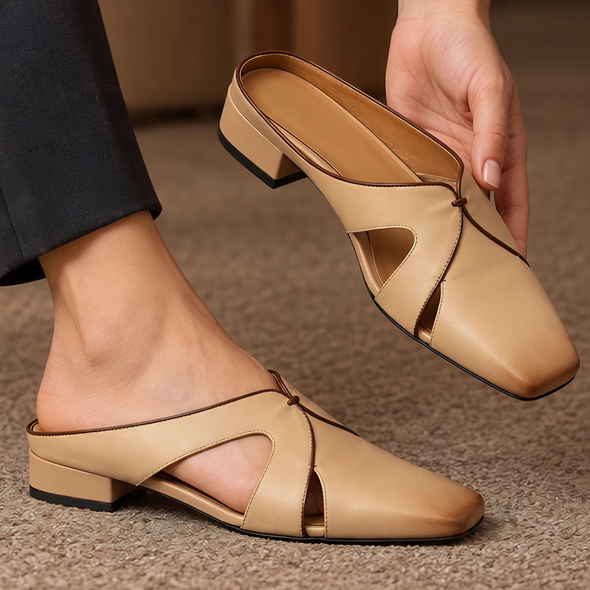 Aviera Women's Leather Cutout Square Toe Mule - Beige - Footwear > Mules > Square Toe Mules - Michael Verde - Image 2