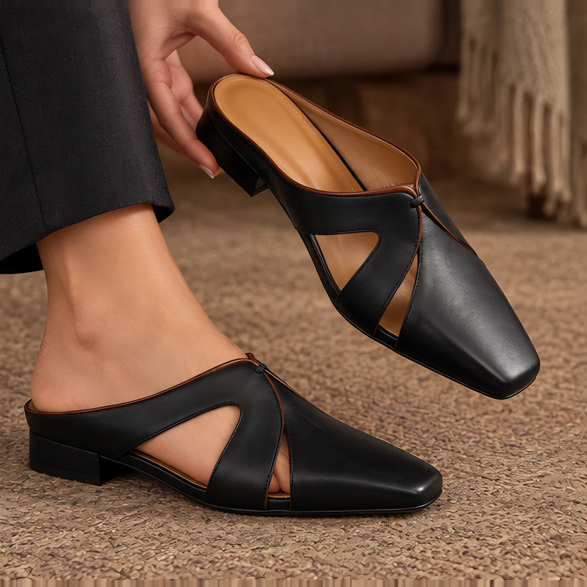 Aviera Women's Leather Cutout Square Toe Mule - Charcoal - Footwear > Mules > Square Toe Mules - Michael Verde - Image 2