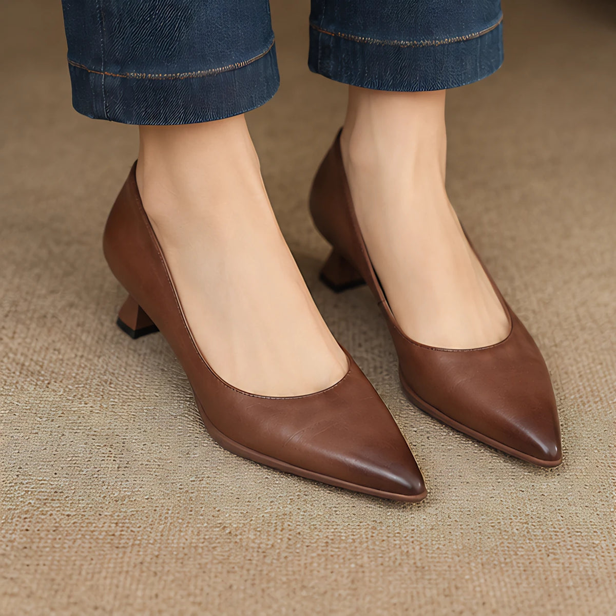 Beatrix Women's Leather Pointed-Toe Kitten Heel Pumps - Brown - Shoes - Michael Verde - Image 3