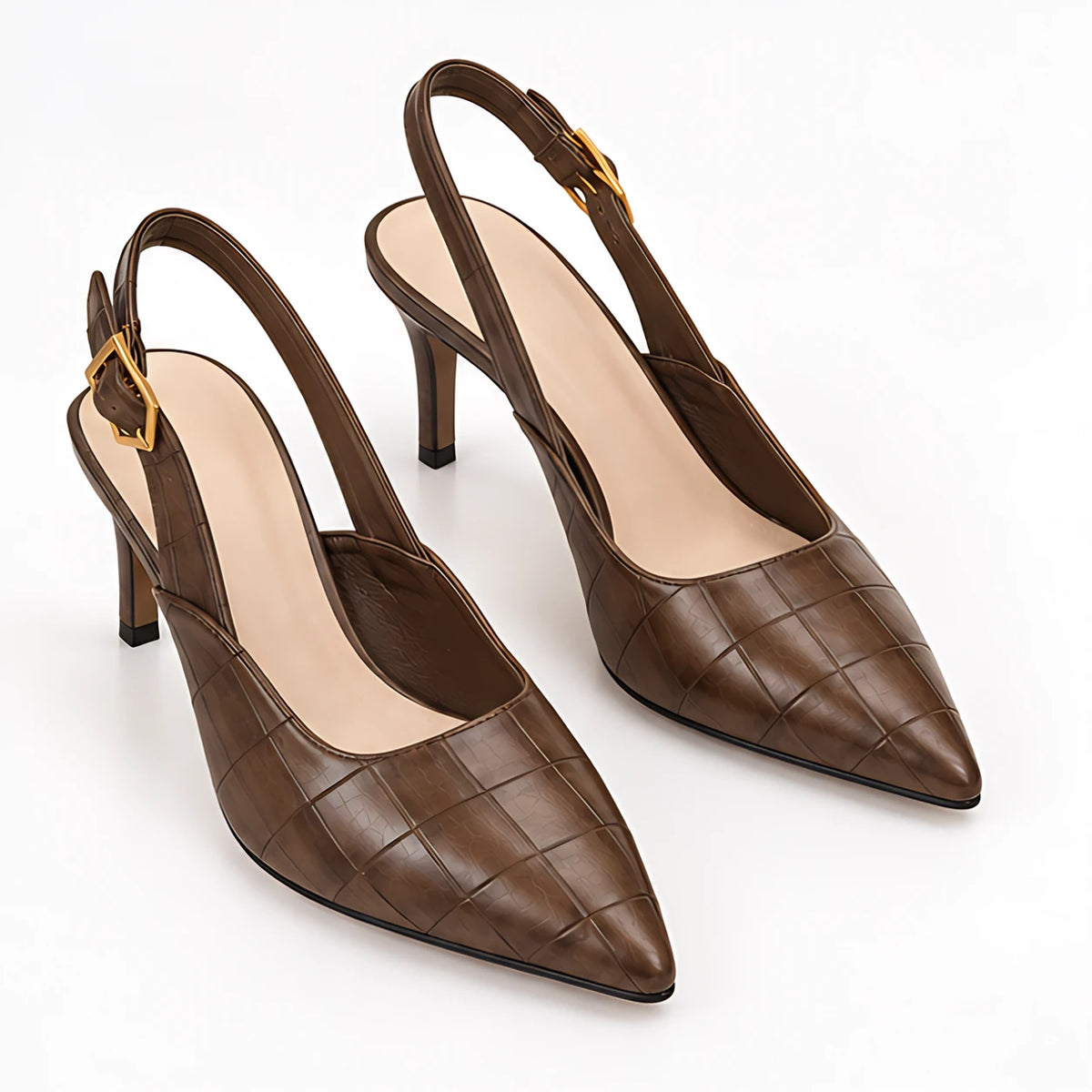 Belvienne Women's Croc-Embossed Pointed-Toe Slingback Kitten Heels - Brown - Shoes - Michael Verde - Image 2