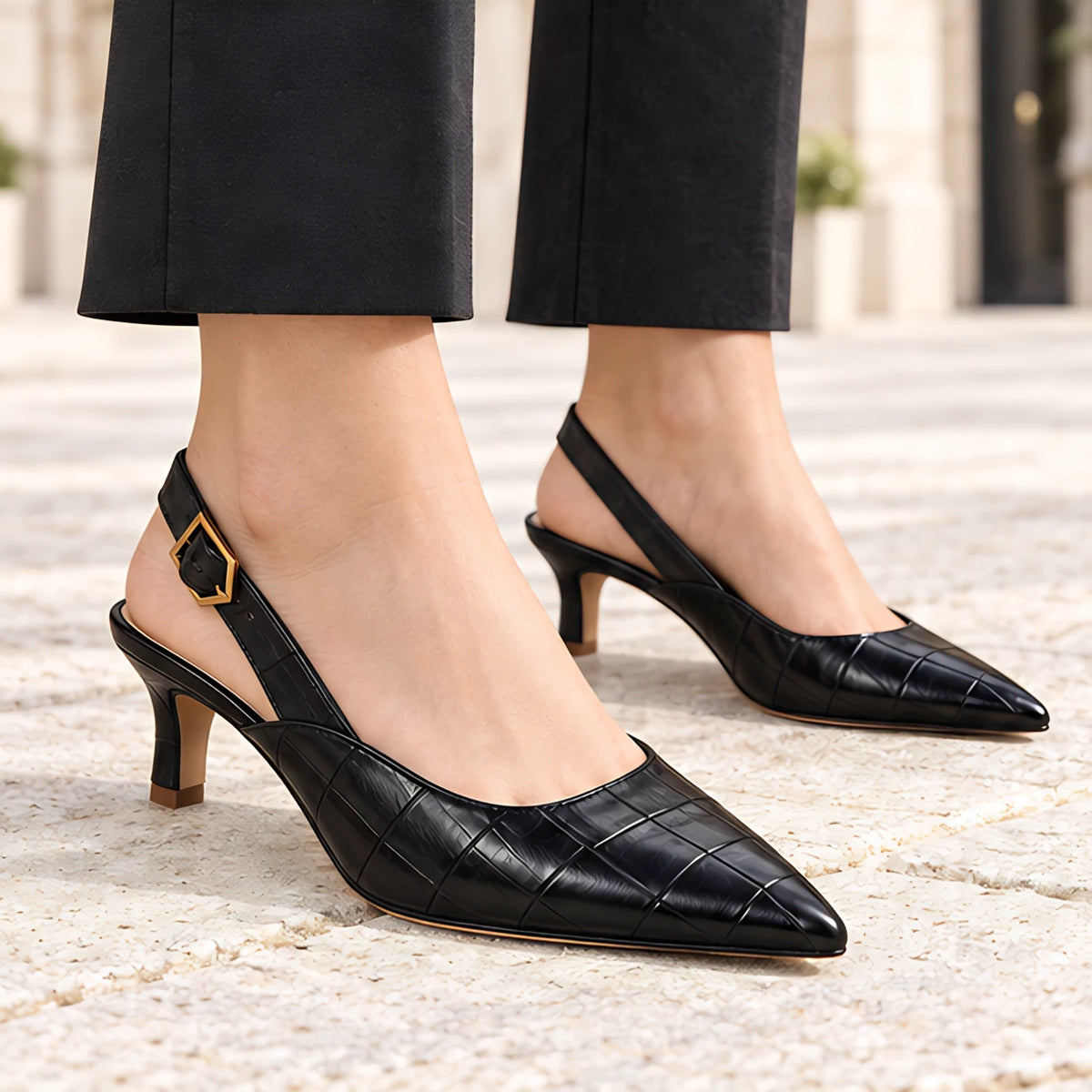 Belvienne Women's Croc-Embossed Pointed-Toe Slingback Kitten Heels - Black - Women's Footwear > Heels > Slingback Kitten Heels - Michael Verde - Image 3