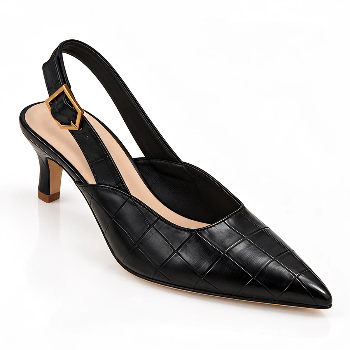 Belvienne Women's Croc-Embossed Pointed-Toe Slingback Kitten Heels - Black - Women's Footwear > Heels > Slingback Kitten Heels - Michael Verde - Image 1