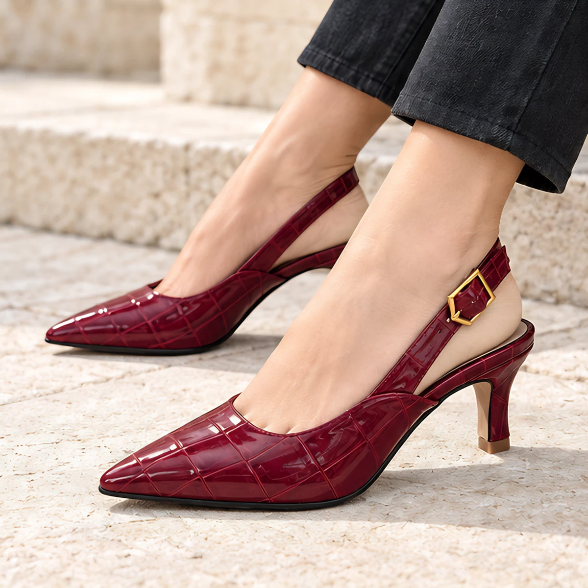Belvienne Women's Croc-Embossed Pointed-Toe Slingback Kitten Heels - Red - female - Michael Verde - Image 4