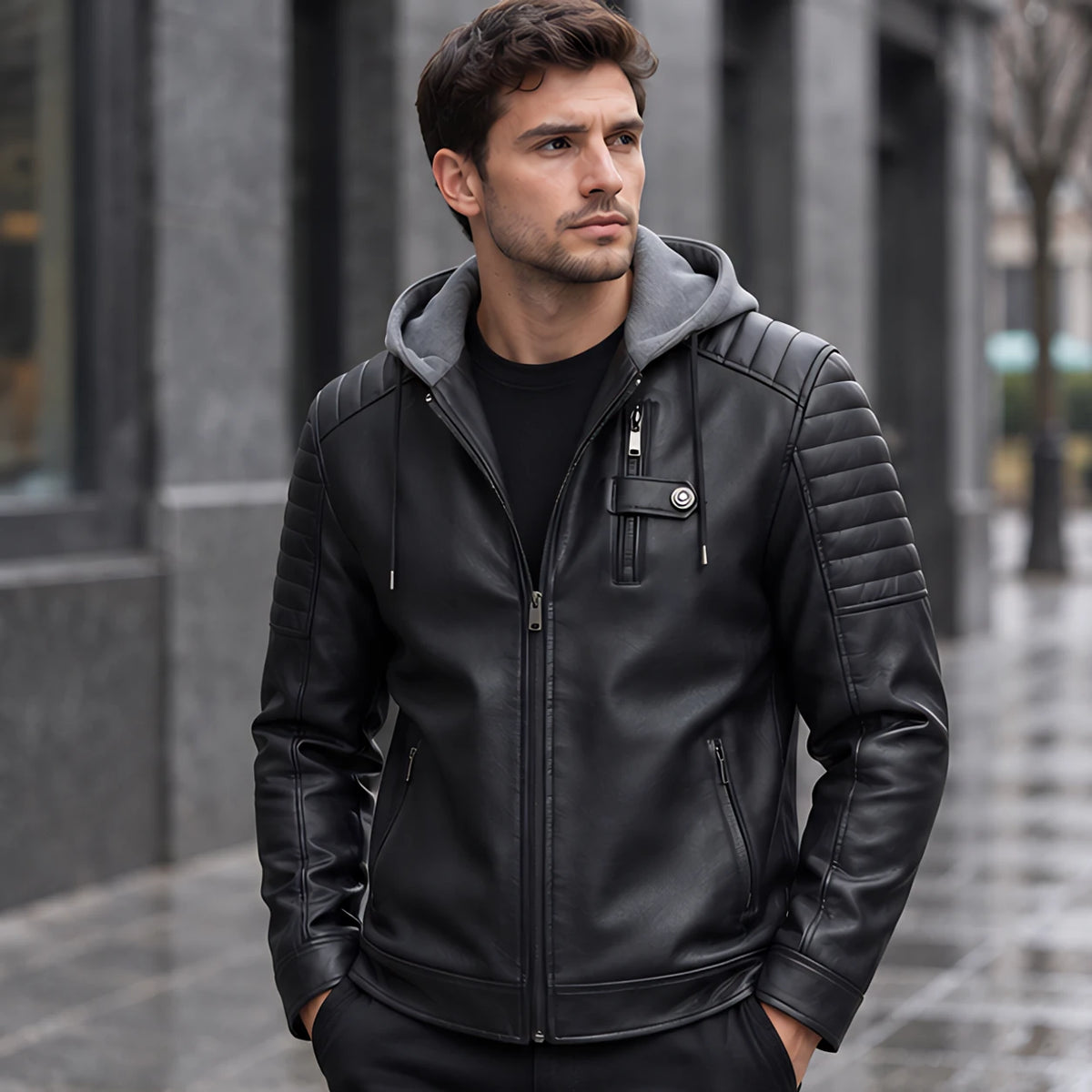 Blaise Men's Hooded Quilted-Sleeve Jacket - Classic Black - Men's Clothing > Outerwear > Hooded Jackets - Michael Verde - Image 1