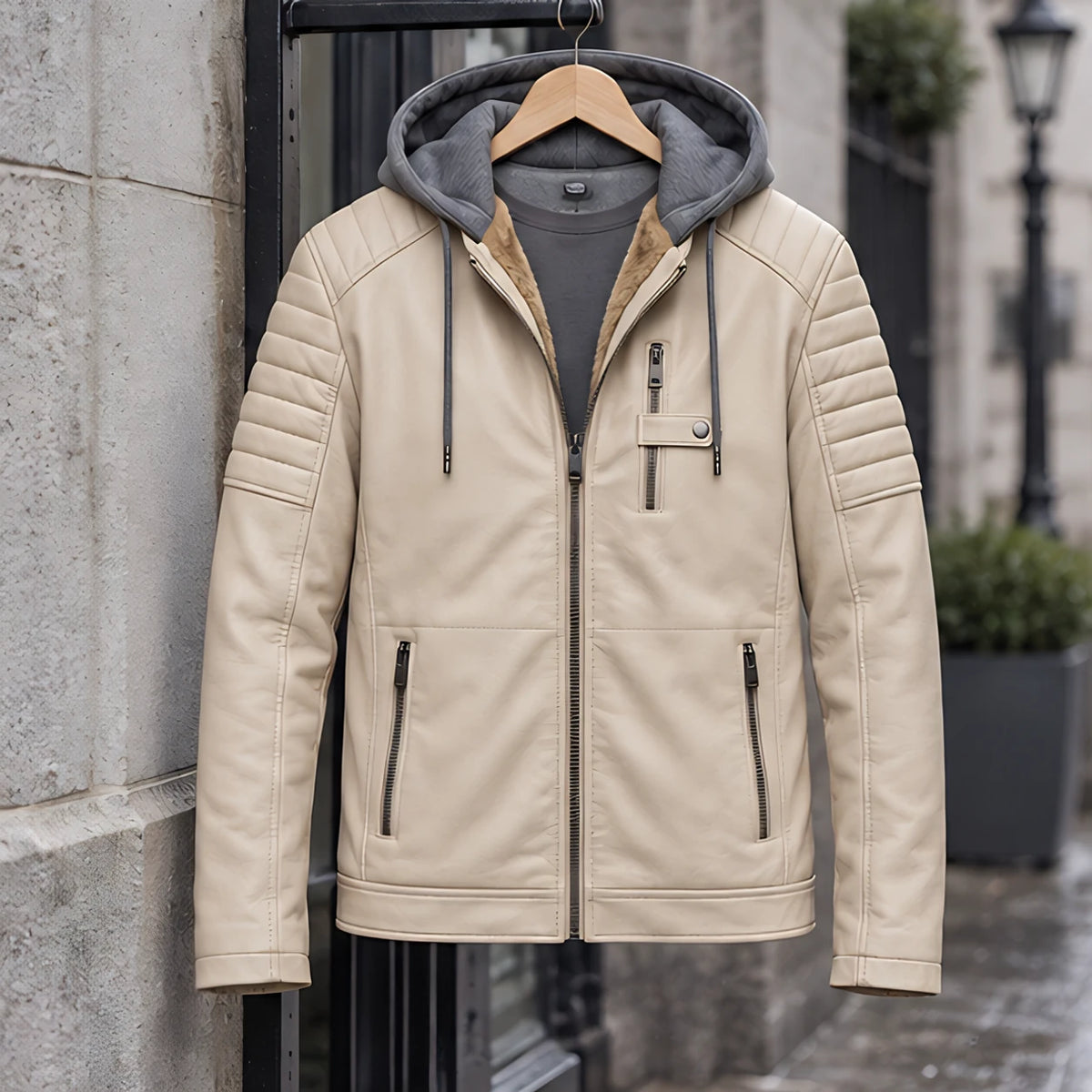 Blaise Men's Hooded Quilted-Sleeve Jacket - Forged Ivory - Chest Pocket Jacket - Michael Verde - Image 3