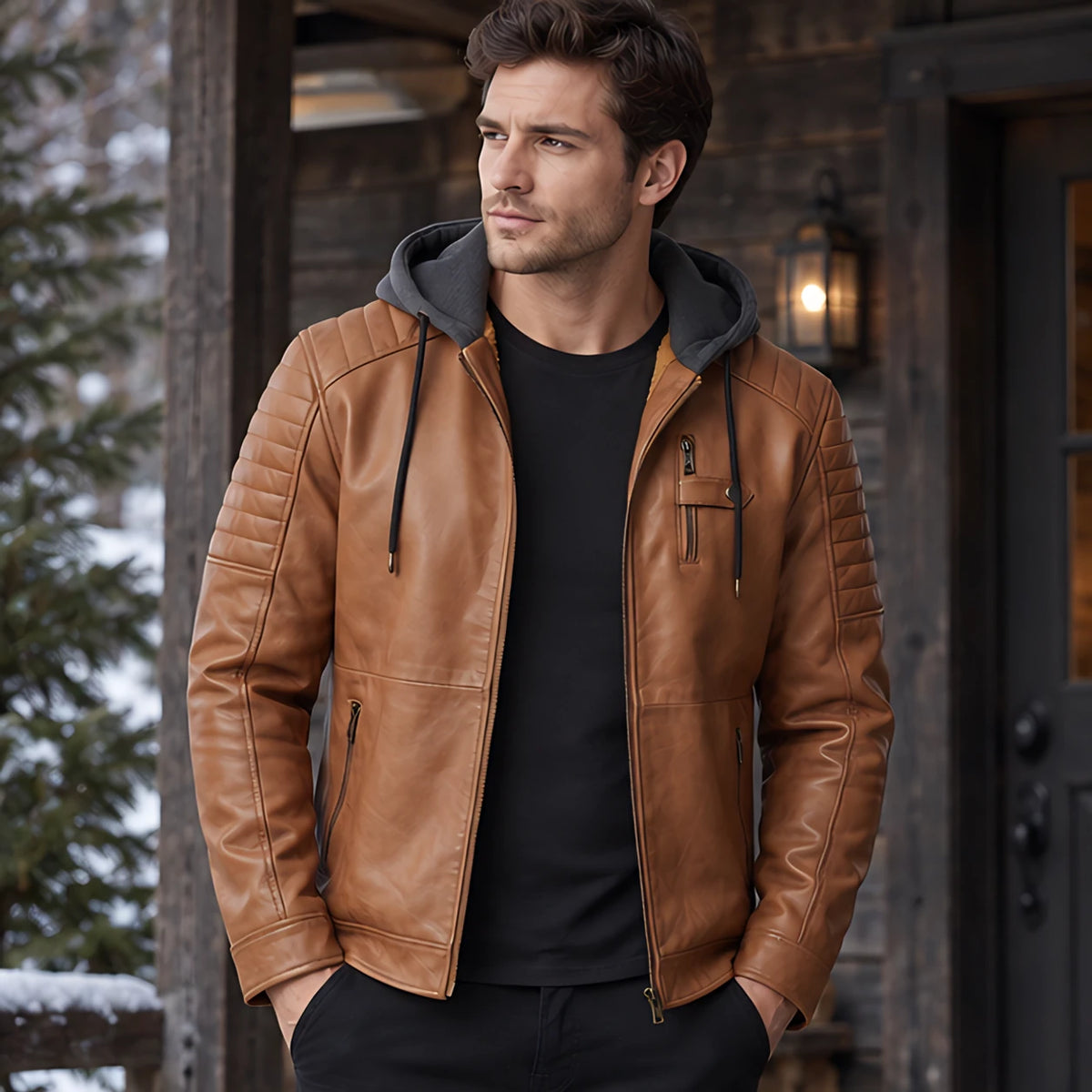Blaise Men's Hooded Quilted-Sleeve Jacket - Vintage Brown - Men's Clothing > Outerwear > Hooded Jackets - Michael Verde - Image 1