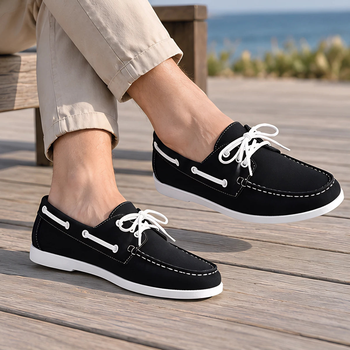 Brennan Men's Moc-Toe Boat Shoes - Black - Shoes - Michael Verde - Image 2