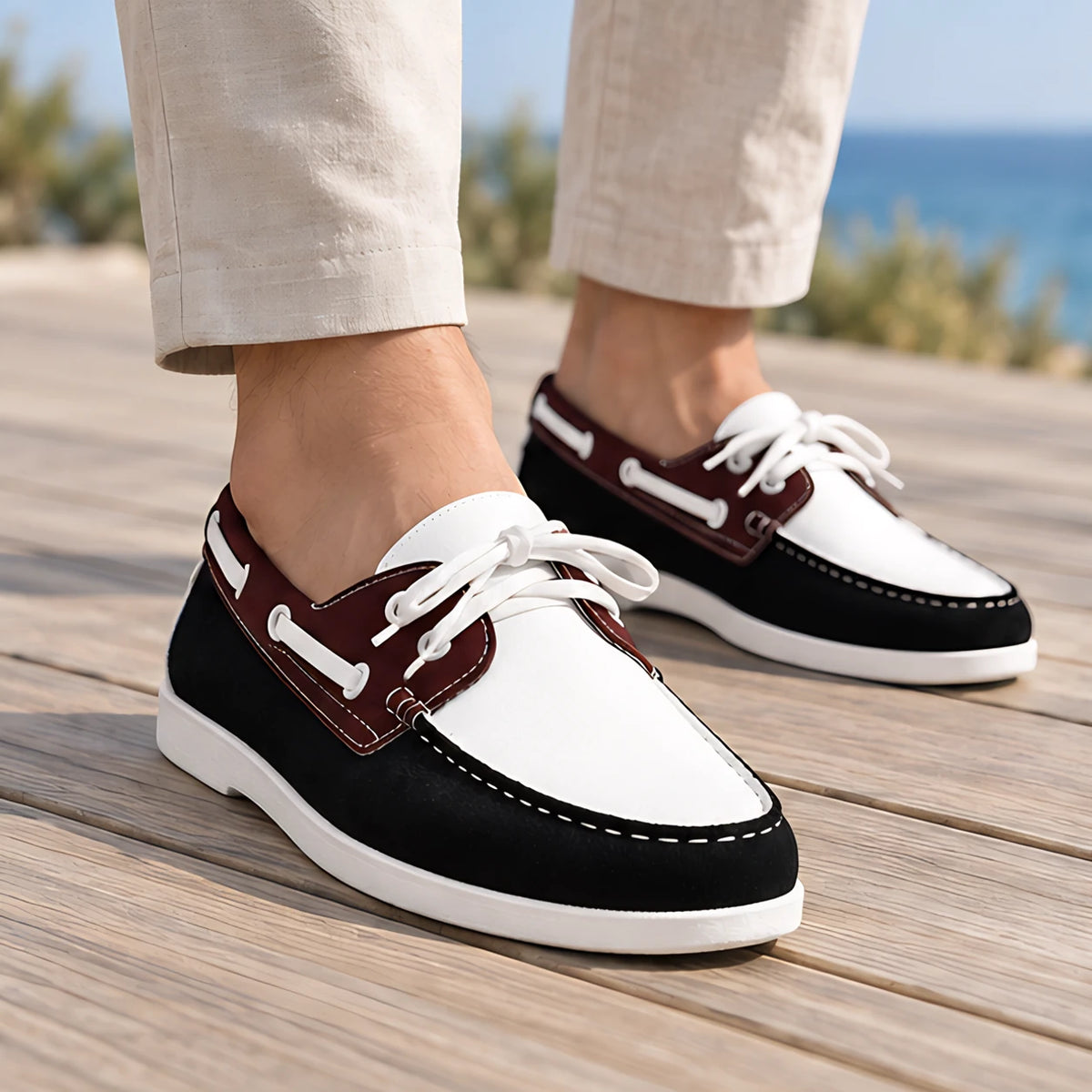 Brennan Men's Moc-Toe Boat Shoes - White/Black - Men's Footwear > Casual Shoes > Boat Shoes - Michael Verde - Image 1
