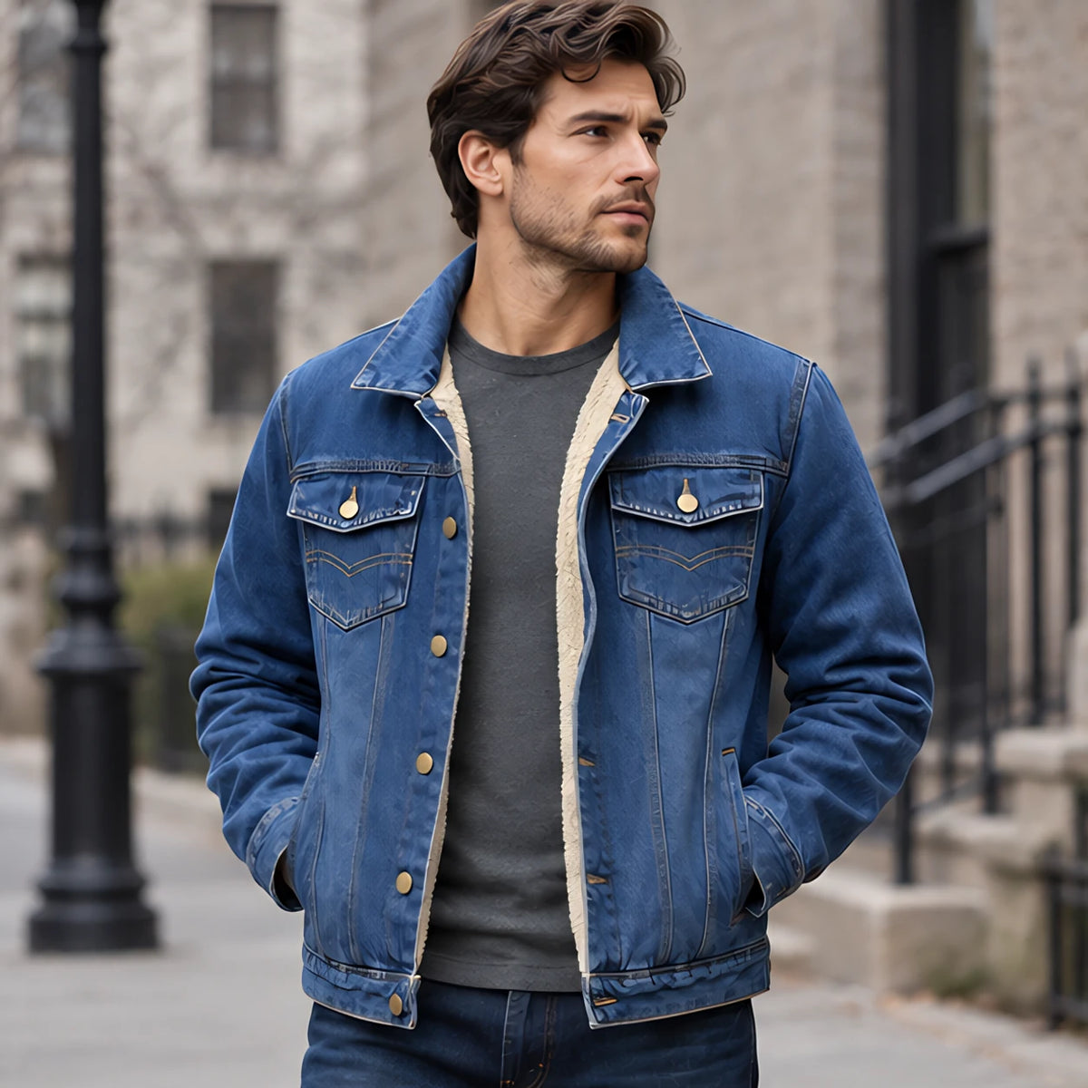 Byron Men's Classic Sherpa-Lined Denim Jacket - Dark Blue - Men's Clothing > Outerwear > Denim Jackets - Michael Verde - Image 1