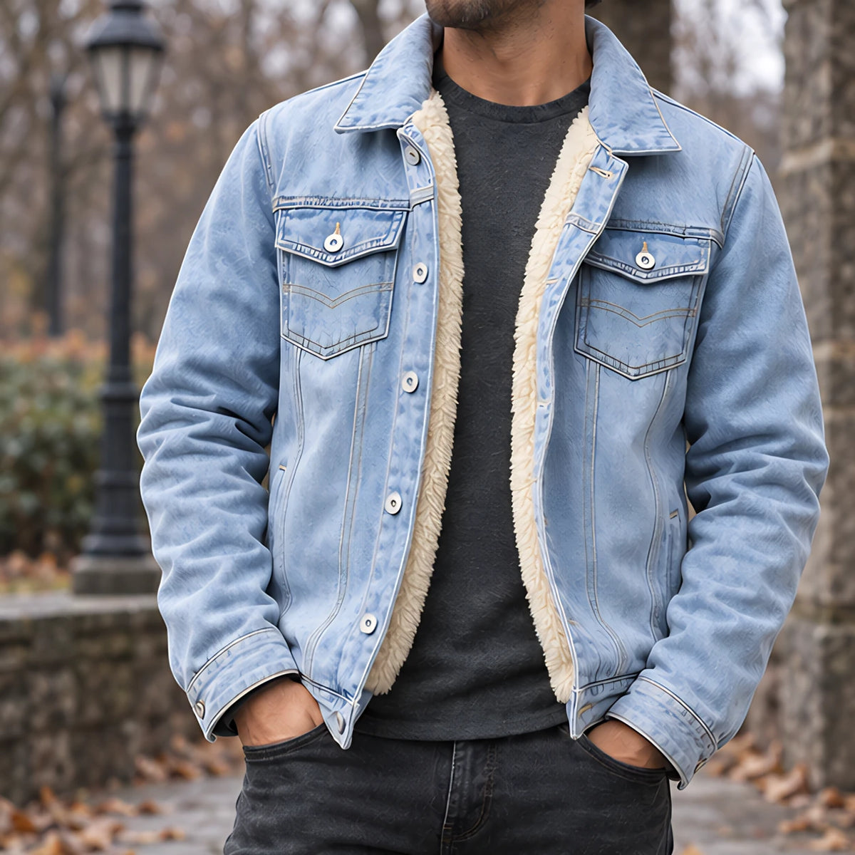 Byron Men's Classic Sherpa-Lined Denim Jacket - Light Blue - Men's Clothing > Outerwear > Denim Jackets - Michael Verde - Image 1