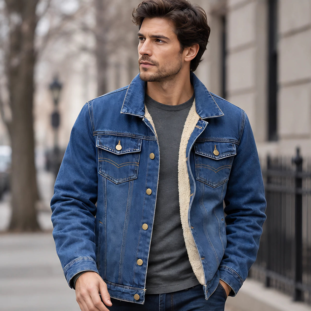 Byron Men's Classic Sherpa-Lined Denim Jacket - Dark Blue - Button Front Jacket - Michael Verde - Image 2