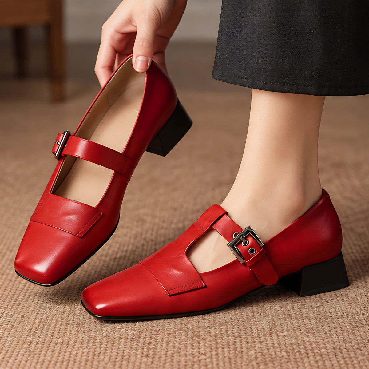 Calista Women's Leather T-Strap Pumps - Red - Women's Shoes - Michael Verde - Image 2