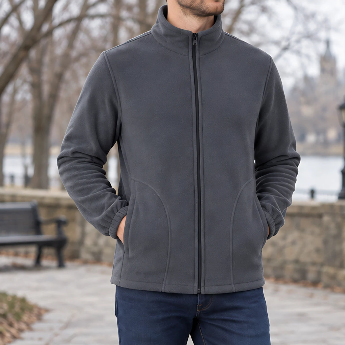 Cedric Men's Relaxed Fit Full-Zip Fleece Jacket - Gray - Men's Clothing > Outerwear > Fleece Jackets - Michael Verde - Image 1