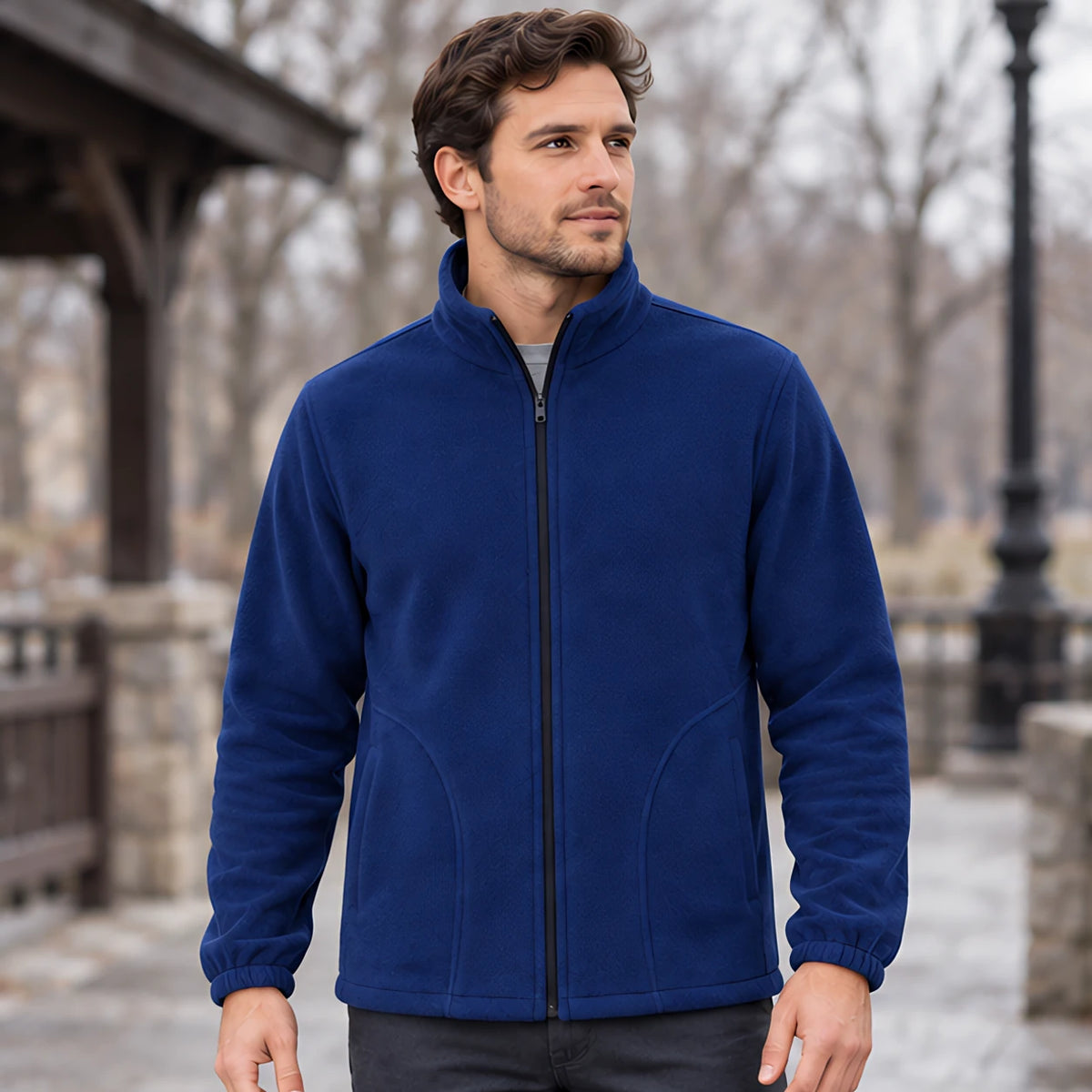 Cedric Men's Relaxed Fit Full-Zip Fleece Jacket - Denim Blue - Men's Clothing > Outerwear > Fleece Jackets - Michael Verde - Image 1