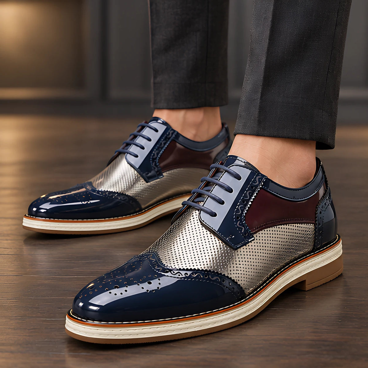 Channing Men's Two-Tone Brogue Oxfords - Navy - Men's Footwear > Oxford Shoes > Wingtip Oxfords - Michael Verde - Image 1