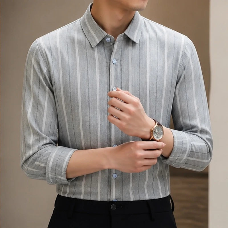 Charlton Striped Long Sleeve Shirt - Gray - Men's Clothing > Shirts > Long Sleeve Button-Front Shirts - Michael Verde - Image 1