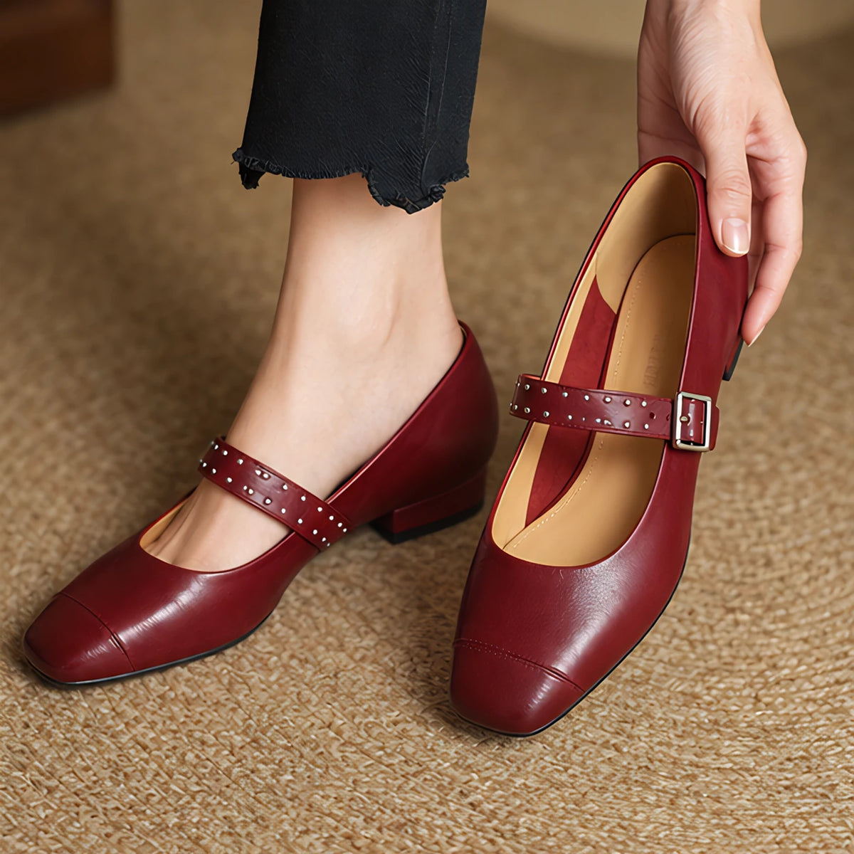 Dahlia Women's Leather Mary Jane Pumps - Maroon - Women's Shoes - Michael Verde - Image 2