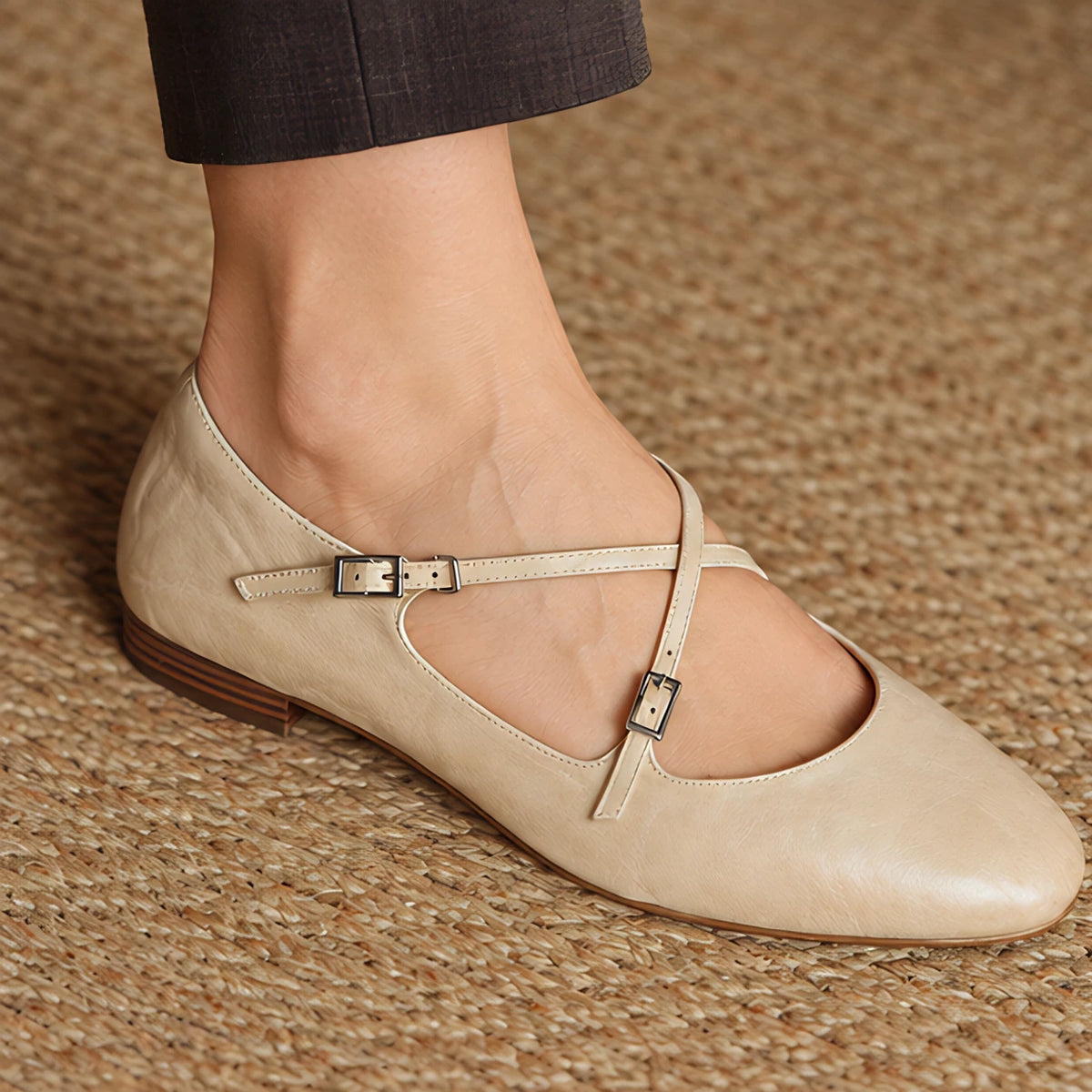 Danica Women's Leather Almond-Toe Flats - Beige - Women's Footwear > Flats > Cross-Strap Flats - Michael Verde - Image 1