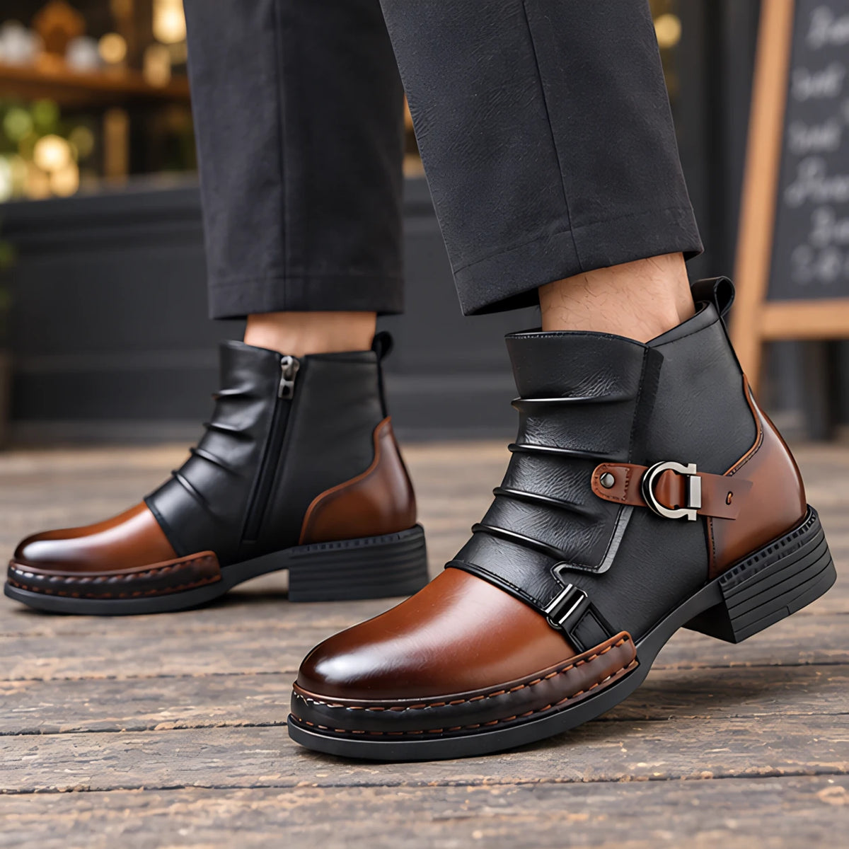 Eddington Buckle-Strap Leather Boots - Black & Cognac Toe - Shoes - Michael Verde - Image 2
