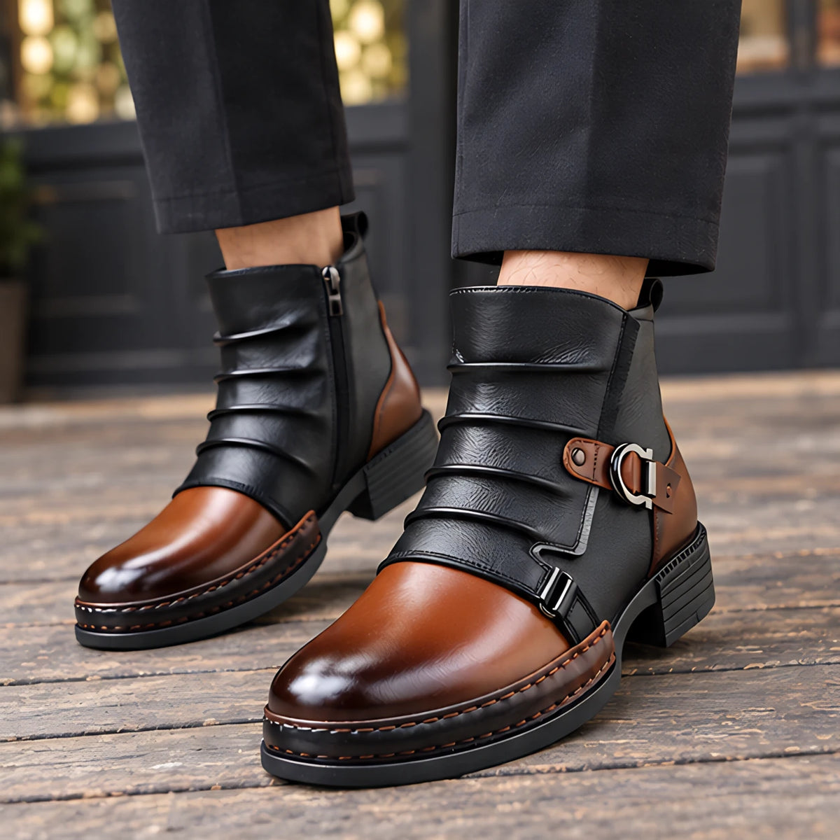 Eddington Buckle-Strap Leather Boots - Black & Cognac Toe - Men's Footwear > Boots > Ankle Boots - Michael Verde - Image 1