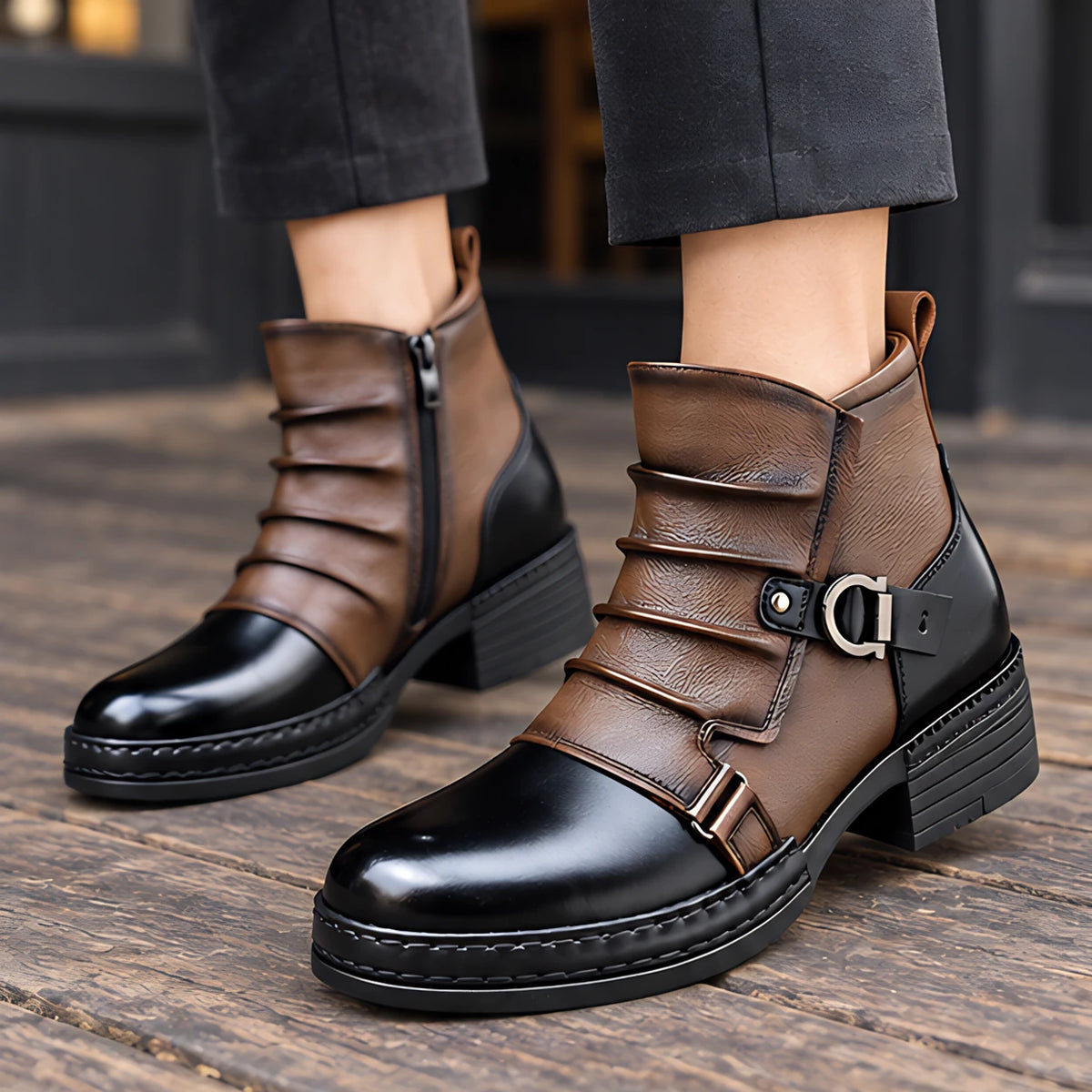 Eddington Buckle-Strap Leather Boots - Chestnut & Black Toe - Men's Footwear > Boots > Ankle Boots - Michael Verde - Image 1