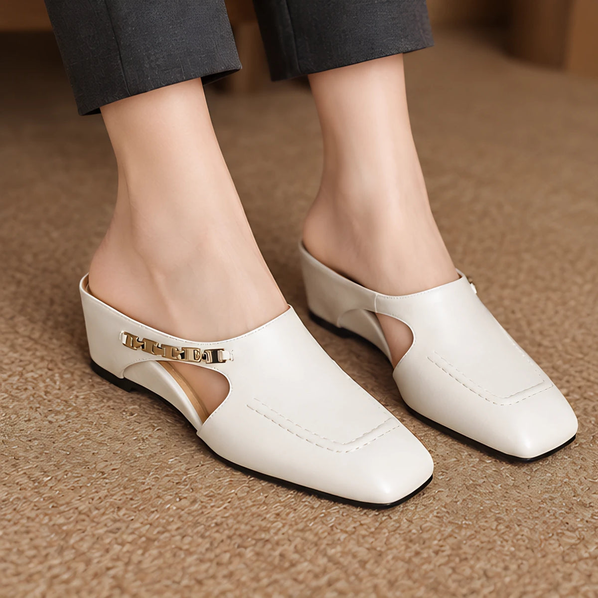 Elinor Women's Square-Toe Slip-On Leather Mules - White - women's shoes - Michael Verde - Image 2