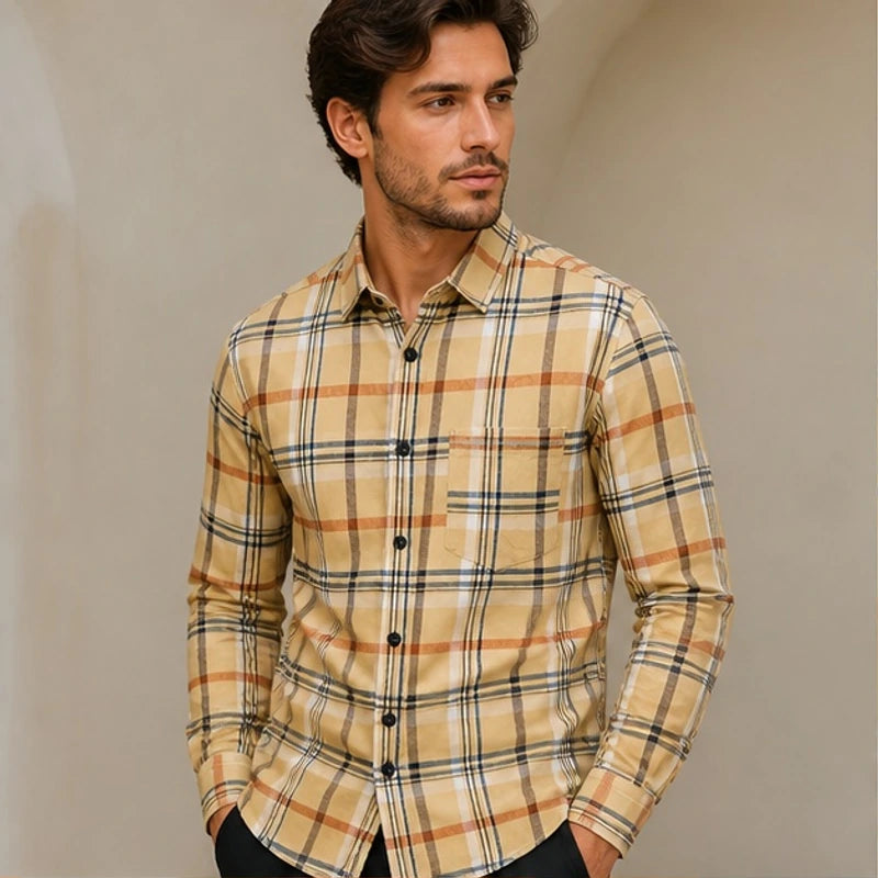 Etienne Plaid Long Sleeve Shirt - Pale Gold - Clothing > Shirts > Long Sleeve Plaid Button-Up Shirt - Michael Verde - Image 1