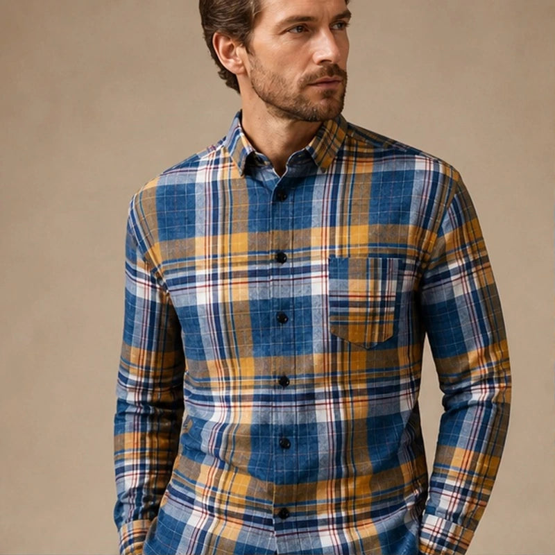 Etienne Plaid Long Sleeve Shirt - Dark Blue - Clothing > Shirts > Long Sleeve Plaid Button-Up Shirt - Michael Verde - Image 1
