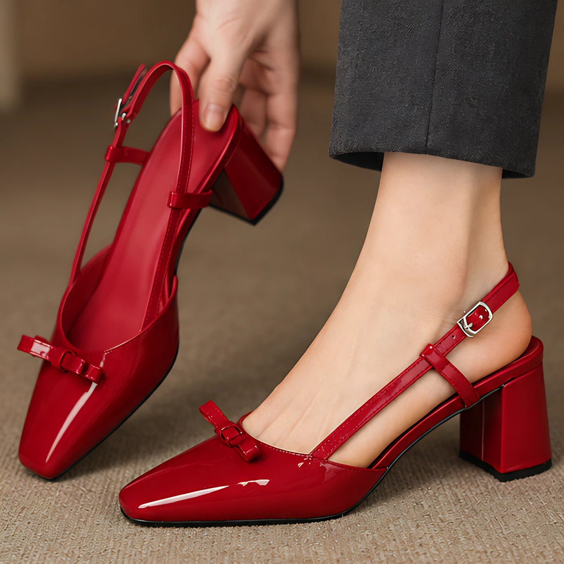 Evadore Women's Leather Square-Toe Slingback Pumps - Red - women's heels - Michael Verde - Image 2