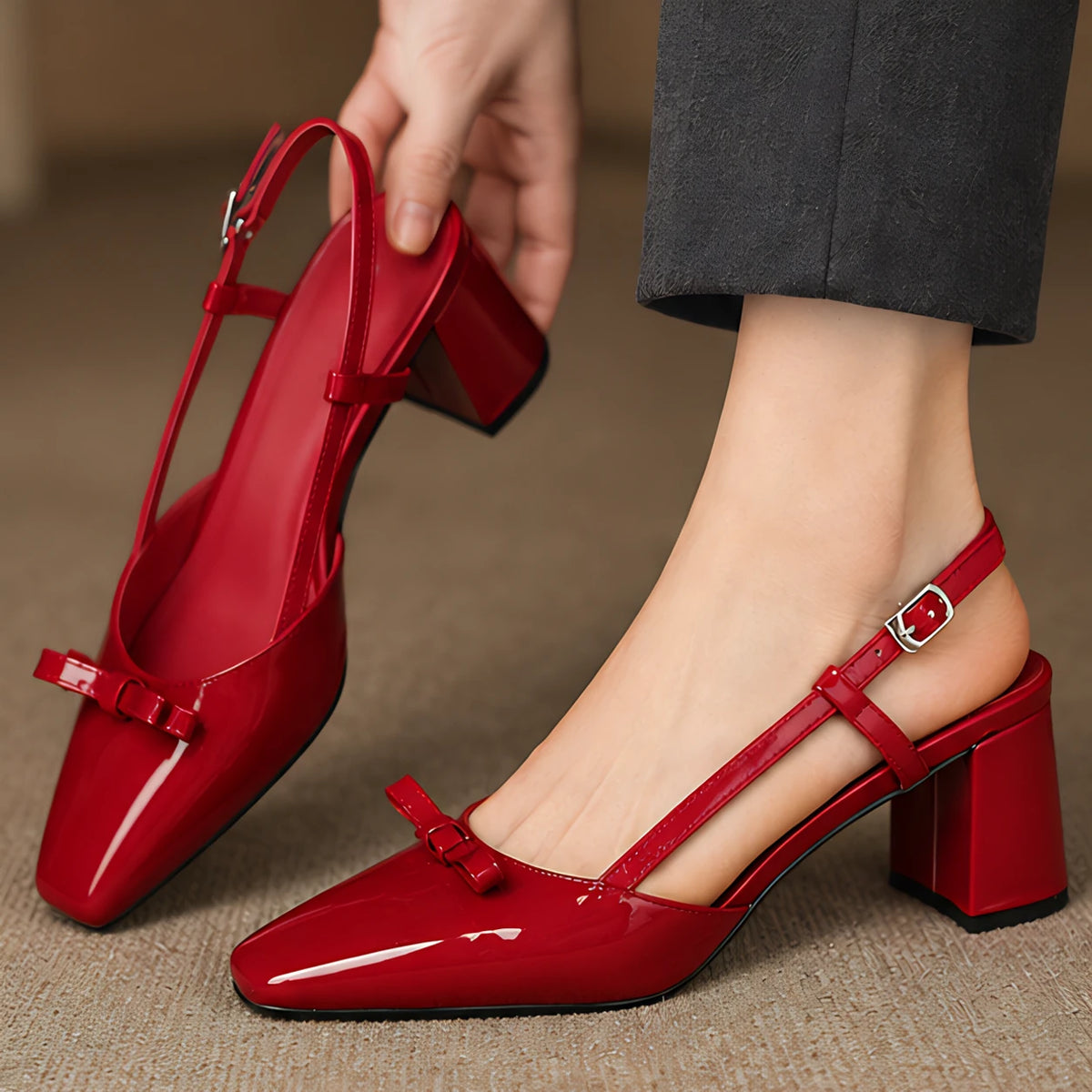 Evadore Women's Leather Square-Toe Slingback Pumps - Red - women's heels - Michael Verde - Image 2
