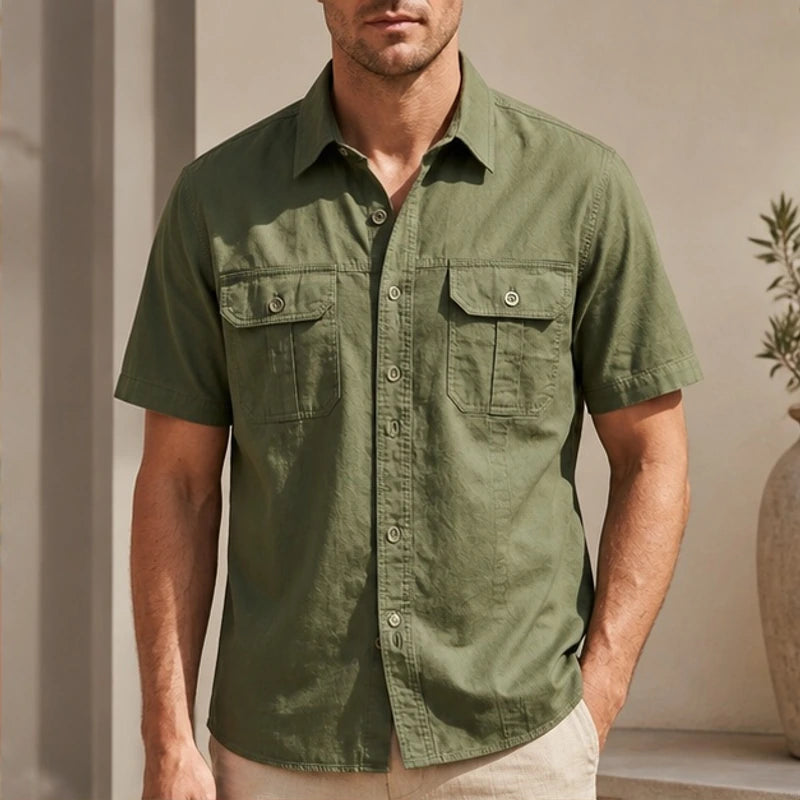 Evren Short Sleeve Cotton Shirt - Green - Men's Shirts > Short Sleeve Button-Up Shirts - Michael Verde - Image 1
