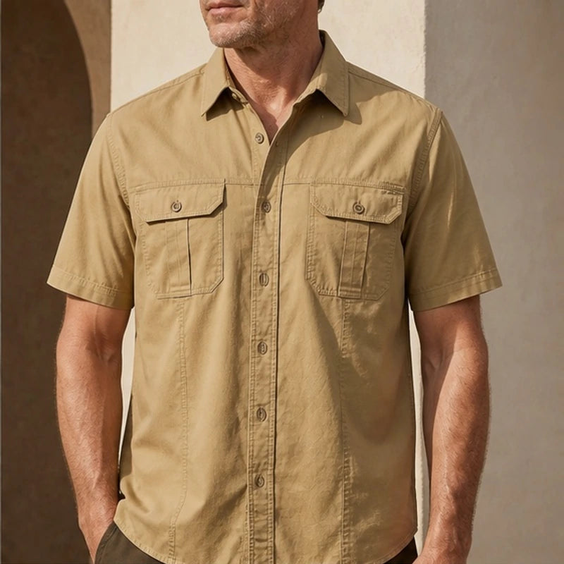 Evren Short Sleeve Cotton Shirt - Beige - Men's Shirts > Short Sleeve Button-Up Shirts - Michael Verde - Image 1