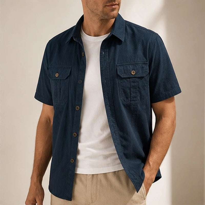 Evren Short Sleeve Cotton Shirt - Blue - Men's Shirts > Short Sleeve Button-Up Shirts - Michael Verde - Image 1