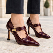 Gisella Women's Croc-Embossed Pointed-Toe T-Strap Heels - Ruby Regent - Footwear - Michael Verde - Image 2