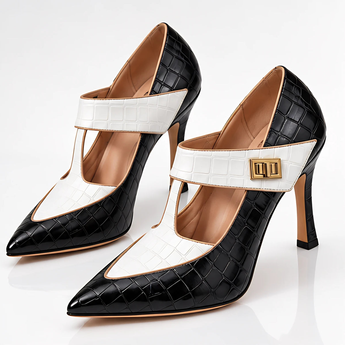 Gisella Women's Croc-Embossed Pointed-Toe T-Strap Heels - Ivory Throne - Women's Footwear > Heels > T-Strap Stiletto Pumps - Michael Verde - Image 1