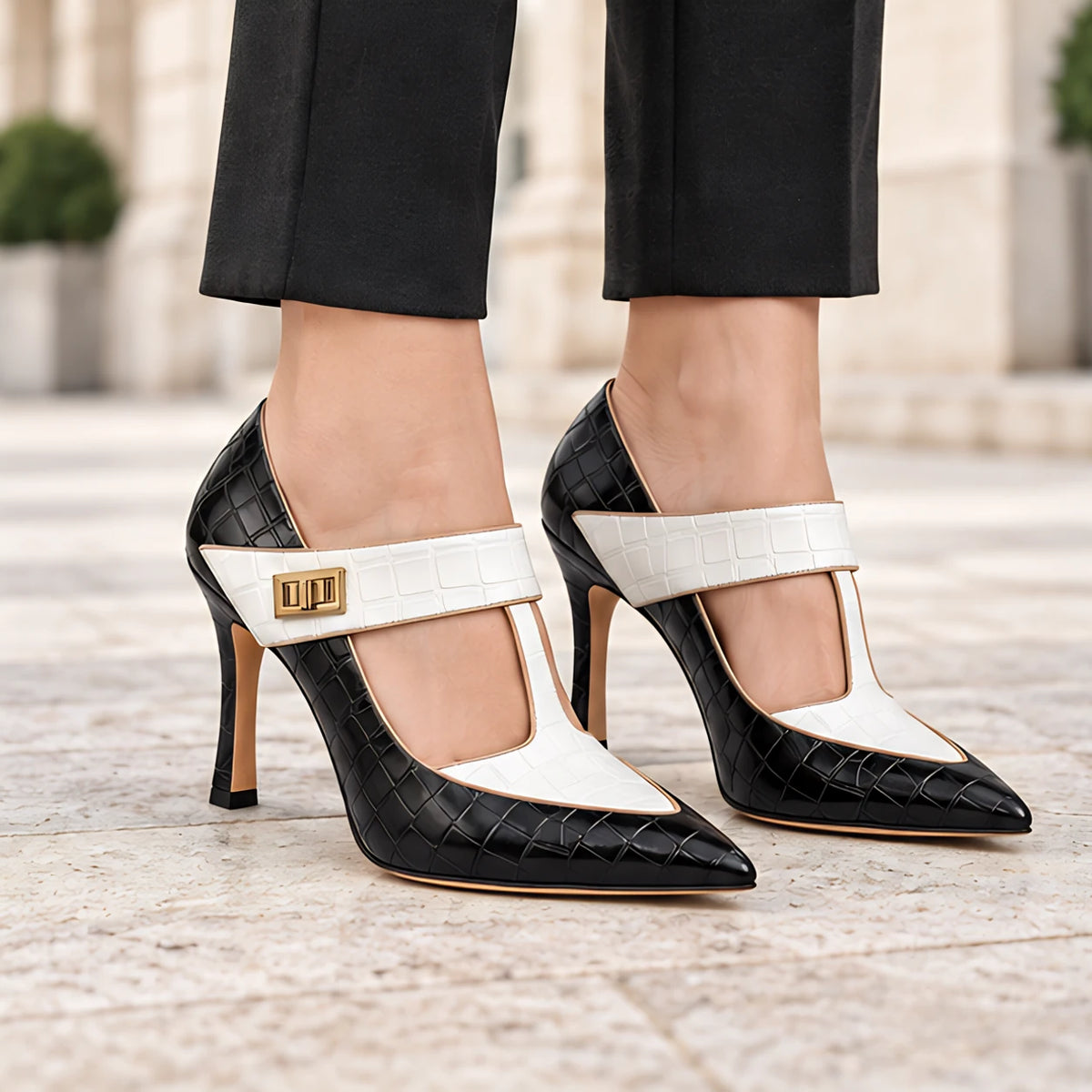 Gisella Women's Croc-Embossed Pointed-Toe T-Strap Heels - Ivory Throne - Footwear - Michael Verde - Image 2