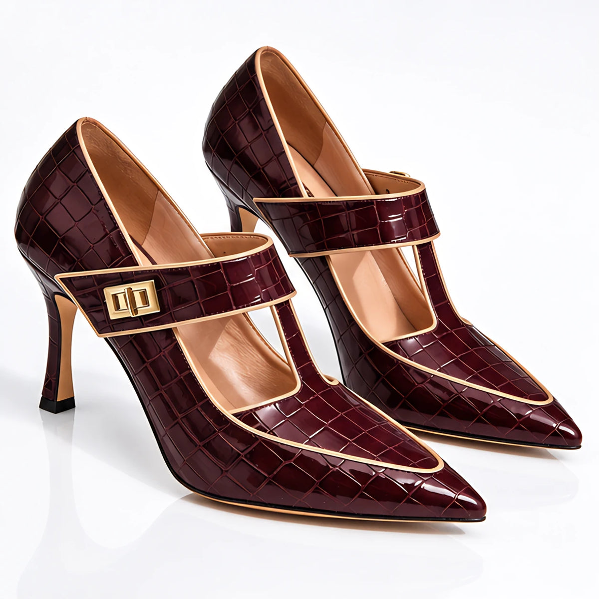 Gisella Women's Croc-Embossed Pointed-Toe T-Strap Heels - Ruby Regent - Women's Footwear > Heels > T-Strap Stiletto Pumps - Michael Verde - Image 1