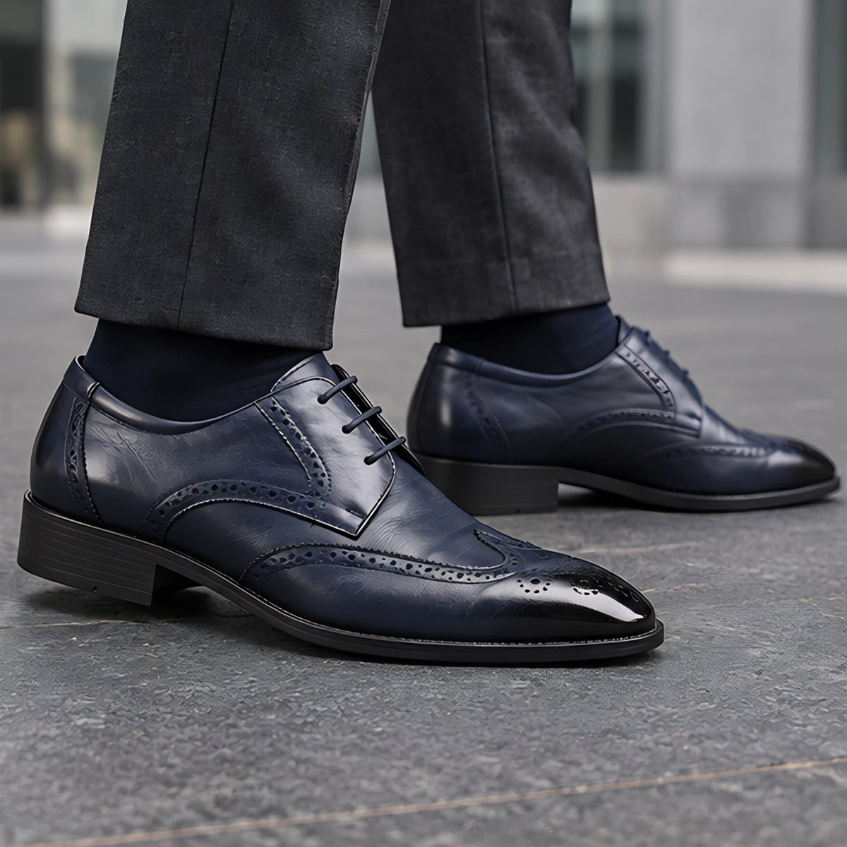 Hatherley Men's Polished Wingtip Leather Oxfords - Blue Black - Shoes - Michael Verde - Image 2