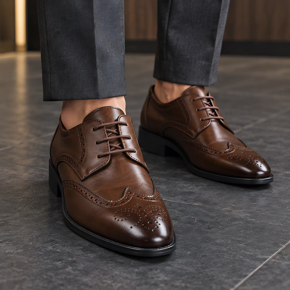 Hatherley Men's Polished Wingtip Leather Oxfords - Dark Brown - Men's Footwear > Oxford Shoes > Wingtip Oxfords - Michael Verde - Image 1