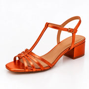 Hespera Women's Metallic Square-Toe T-Strap Sandals - Orange - Women's Footwear > Sandals > T-Strap Sandals - Michael Verde - Image 1
