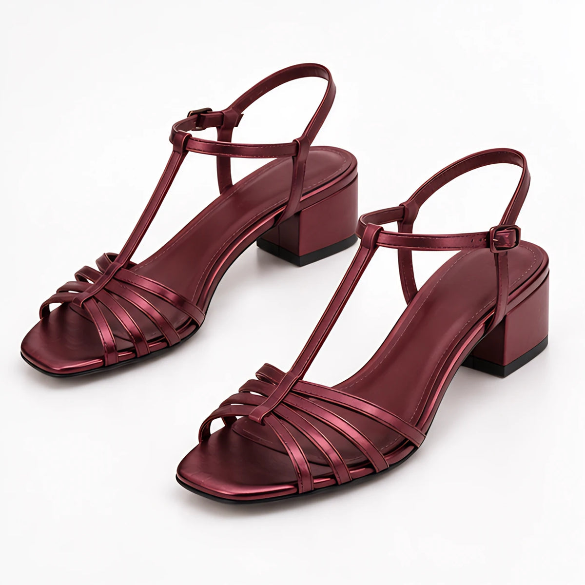 Hespera Women's Metallic Square-Toe T-Strap Sandals - Burgundy - Catalog Group: Footwear - Michael Verde - Image 2