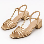 Hespera Women's Metallic Square-Toe T-Strap Sandals - Gold - Catalog Group: Footwear - Michael Verde - Image 2